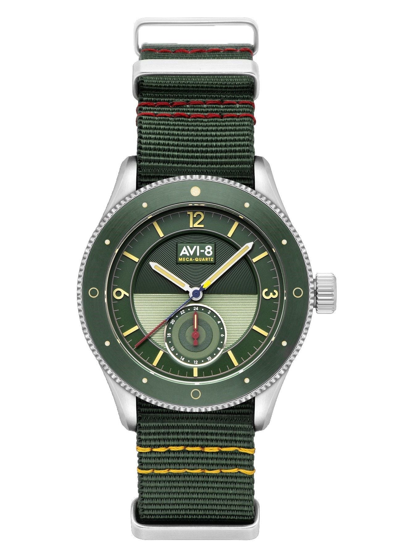 AVI-8 Flyboy Airmaster Quartz movement Green Nylon Male AV-4112-02. A brand-new AVI-8 Flyboy watch featuring a Green dial and a Nylon strap. Side view.