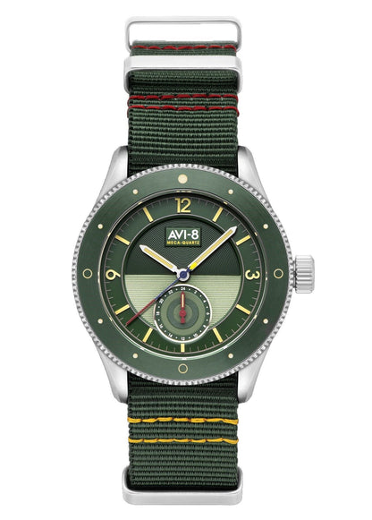 AVI-8 Flyboy Airmaster Quartz movement Green Nylon Male AV-4112-02. A brand-new AVI-8 Flyboy watch featuring a Green dial and a Nylon strap. Side view.