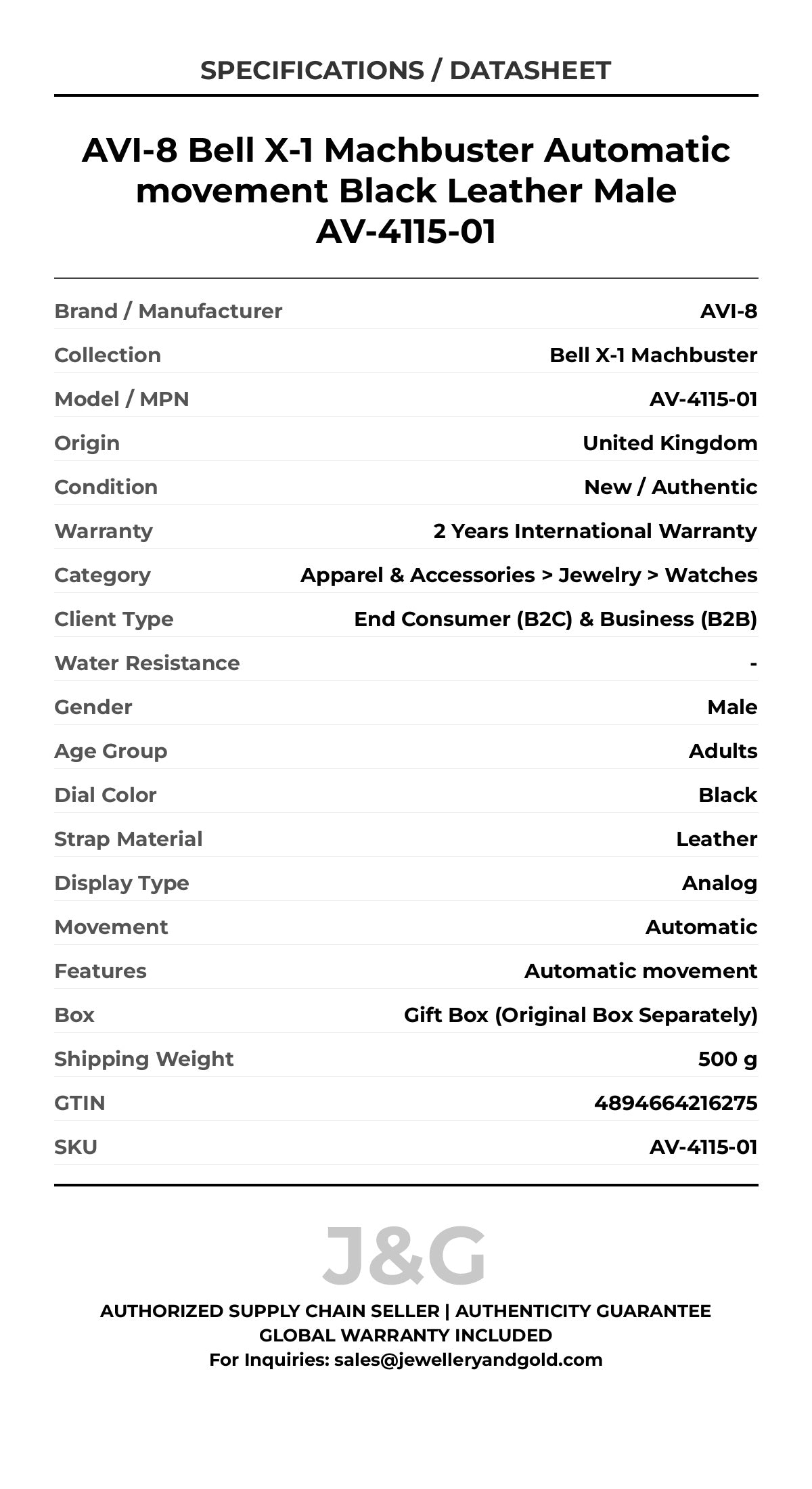 AVI-8 Bell X-1 Machbuster Automatic movement Black Leather Male AV-4115-01 - Specifications