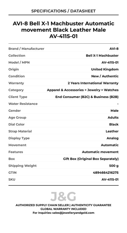 AVI-8 Bell X-1 Machbuster Automatic movement Black Leather Male AV-4115-01 - Specifications