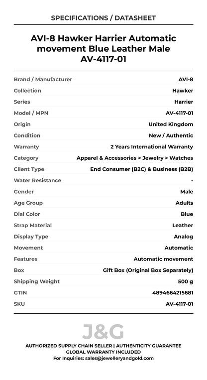 AVI-8 Hawker Harrier Automatic movement Blue Leather Male AV-4117-01 - Specifications