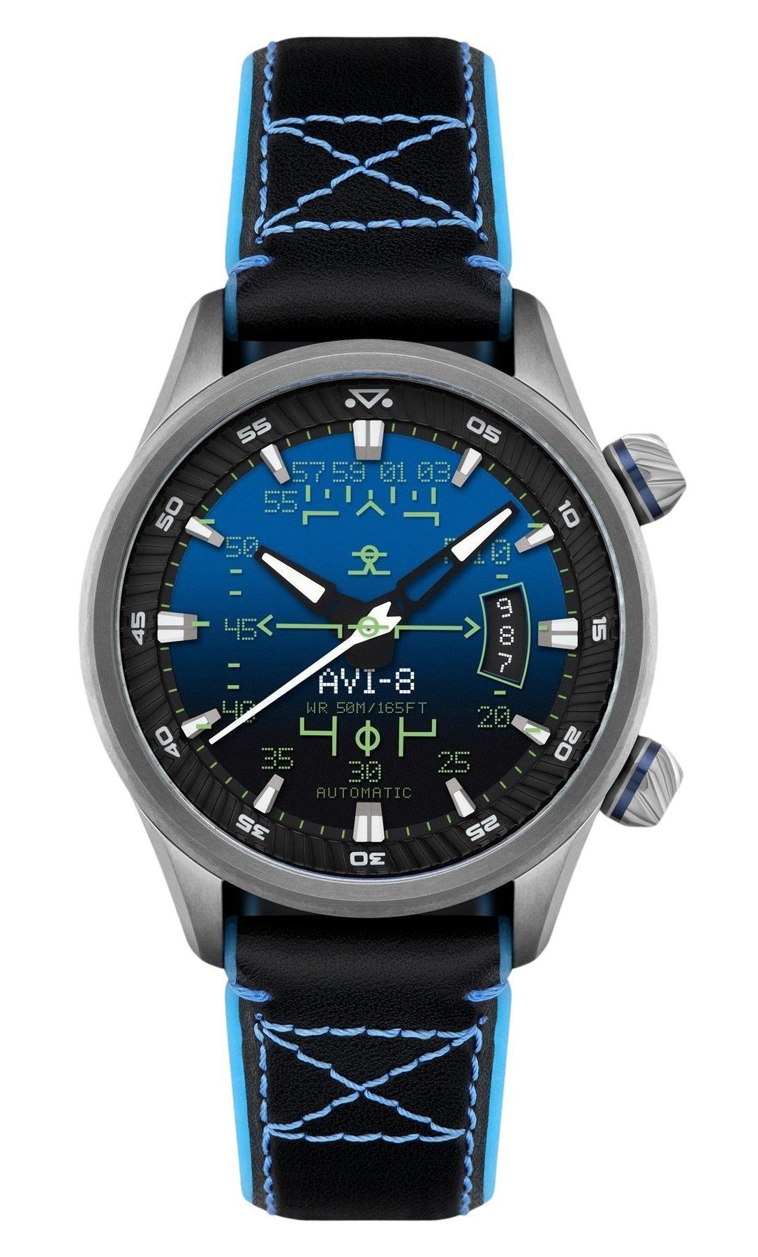 AVI-8 Hawker Harrier Automatic movement Blue Leather Male AV-4117-01. A brand-new AVI-8 Hawker watch featuring a Blue dial and a Leather strap. Angled view.