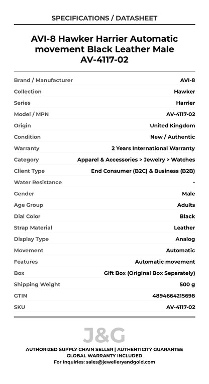 AVI-8 Hawker Harrier Automatic movement Black Leather Male AV-4117-02 - Specifications