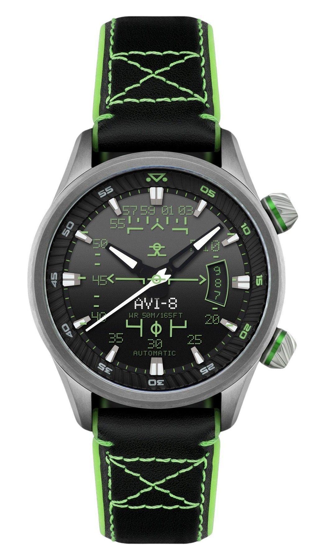 AVI-8 Hawker Harrier Automatic movement Black Leather Male AV-4117-02. A brand-new AVI-8 Hawker watch featuring a Black dial and a Leather strap. Angled view.