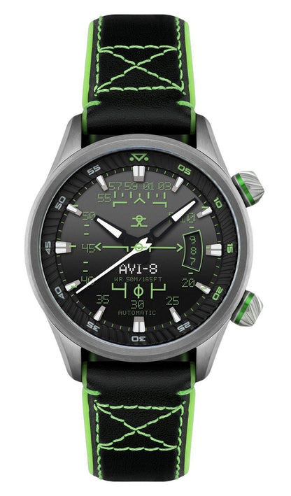 AVI-8 Hawker Harrier Automatic movement Black Leather Male AV-4117-02. A brand-new AVI-8 Hawker watch featuring a Black dial and a Leather strap. Angled view.