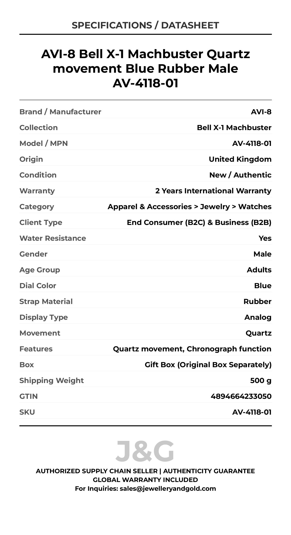 AVI-8 Bell X-1 Machbuster Quartz movement Blue Rubber Male AV-4118-01 - Specifications