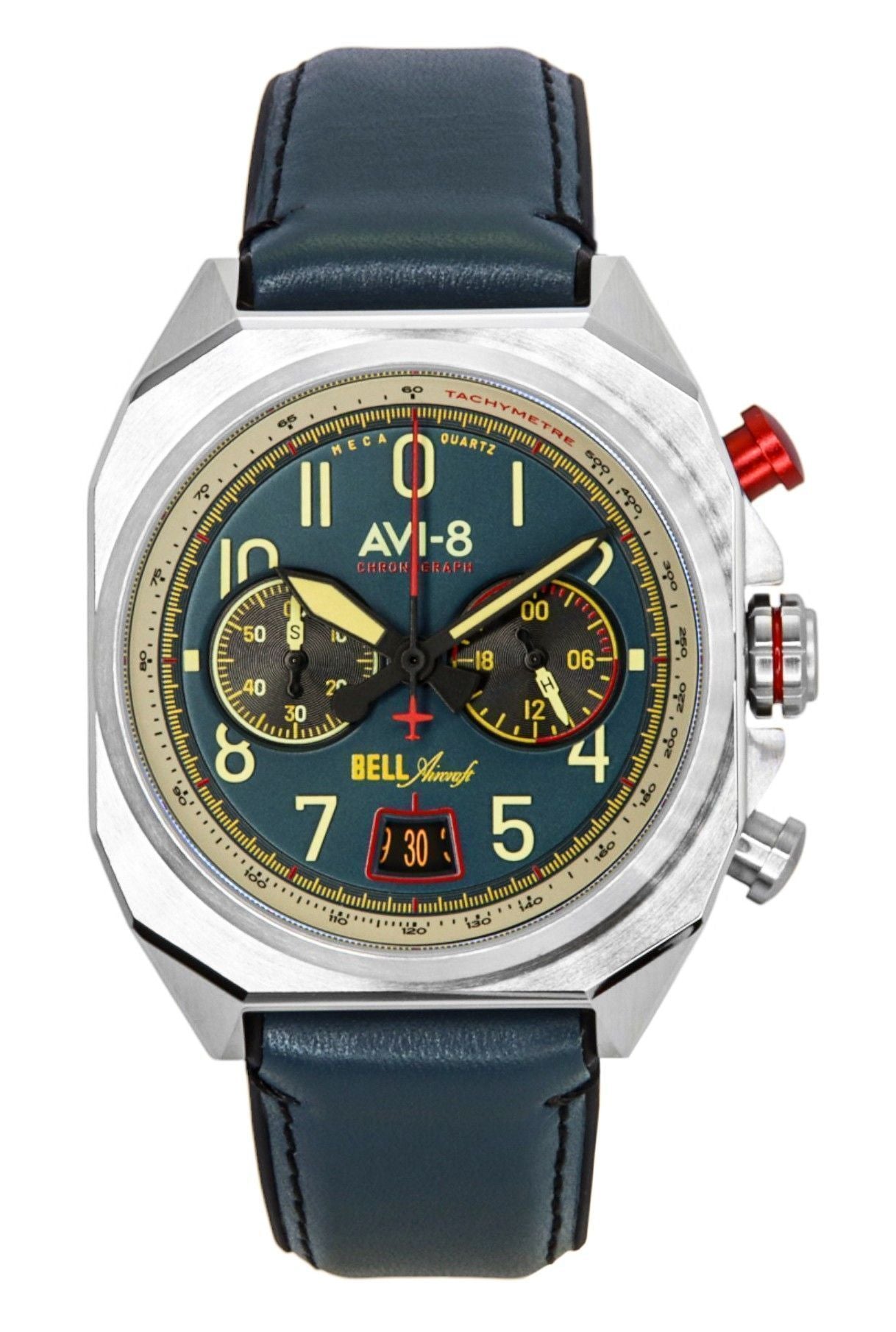 AVI-8 Bell X-1 Machbuster Quartz movement Blue Rubber Male AV-4118-01. A brand-new AVI-8 Bell X-1 Machbuster watch featuring a Blue dial and a Rubber strap. Side view.