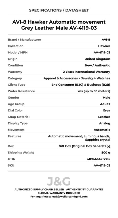 AVI-8 Hawker Automatic movement Grey Leather Male AV-4119-03 - Specifications