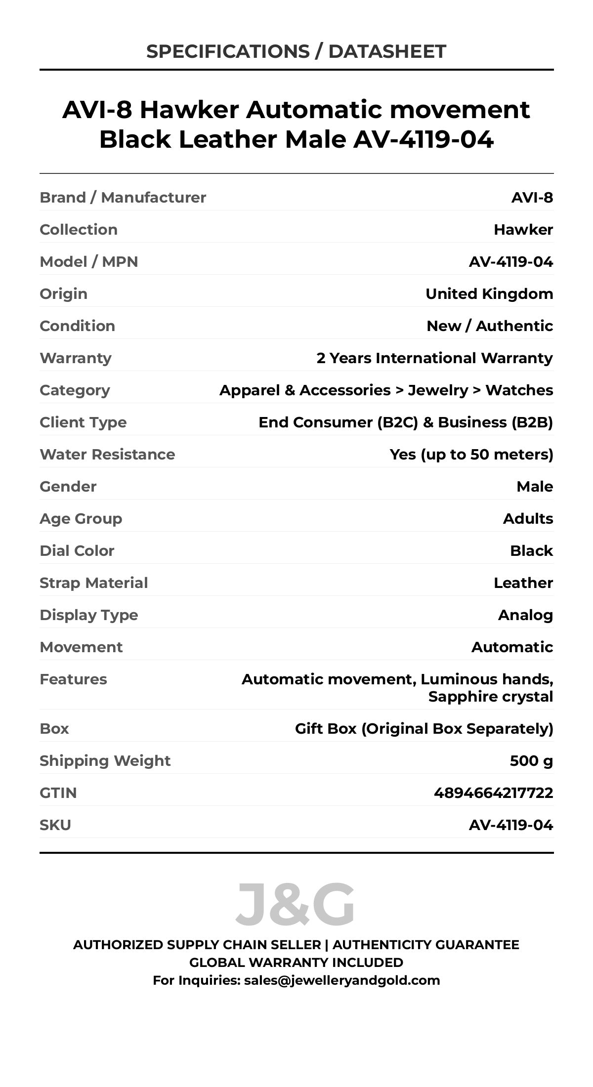 AVI-8 Hawker Automatic movement Black Leather Male AV-4119-04 - Specifications