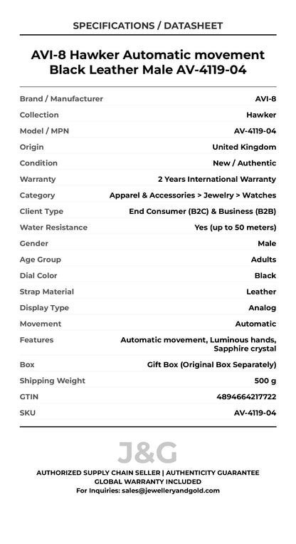 AVI-8 Hawker Automatic movement Black Leather Male AV-4119-04 - Specifications