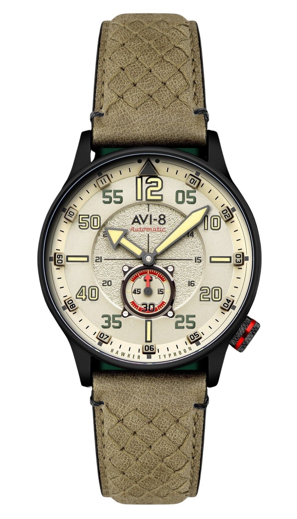 AVI-8 Hawker Automatic movement Black Leather Male AV-4119-04. A brand-new AVI-8 Hawker watch featuring a Black dial and a Leather strap. Angled view.