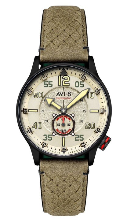 AVI-8 Hawker Automatic movement Black Leather Male AV-4119-04. A brand-new AVI-8 Hawker watch featuring a Black dial and a Leather strap. Angled view.