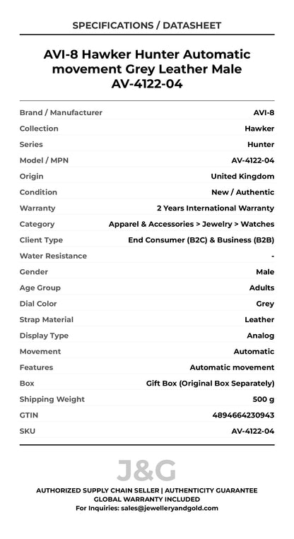 AVI-8 Hawker Hunter Automatic movement Grey Leather Male AV-4122-04 - Specifications