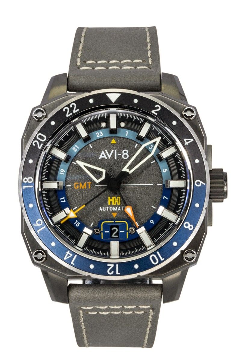AVI-8 Hawker Hunter Automatic movement Grey Leather Male AV-4122-04. A brand-new AVI-8 Hawker watch featuring a Grey dial and a Leather strap. Side view.
