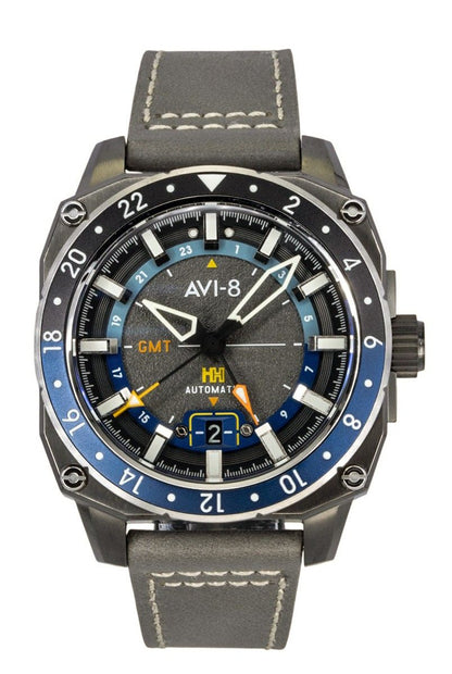 AVI-8 Hawker Hunter Automatic movement Grey Leather Male AV-4122-04. A brand-new AVI-8 Hawker watch featuring a Grey dial and a Leather strap. Side view.