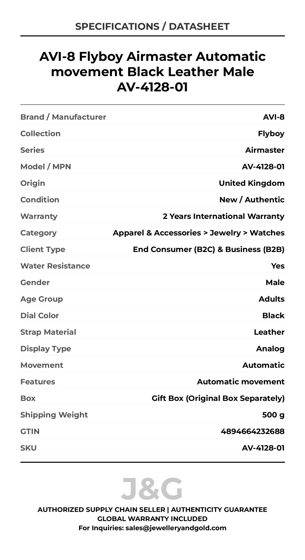 AVI-8 Flyboy Airmaster Automatic movement Black Leather Male AV-4128-01 - Specifications