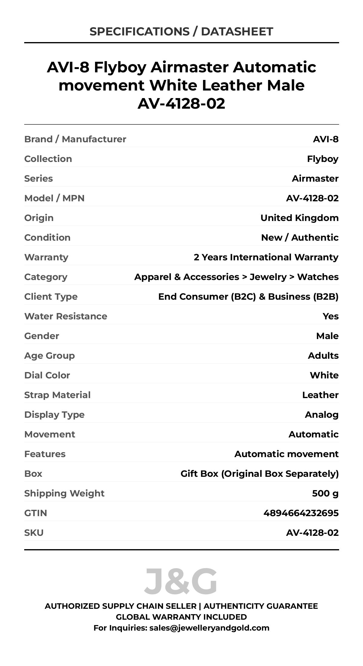 AVI-8 Flyboy Airmaster Automatic movement White Leather Male AV-4128-02 - Specifications