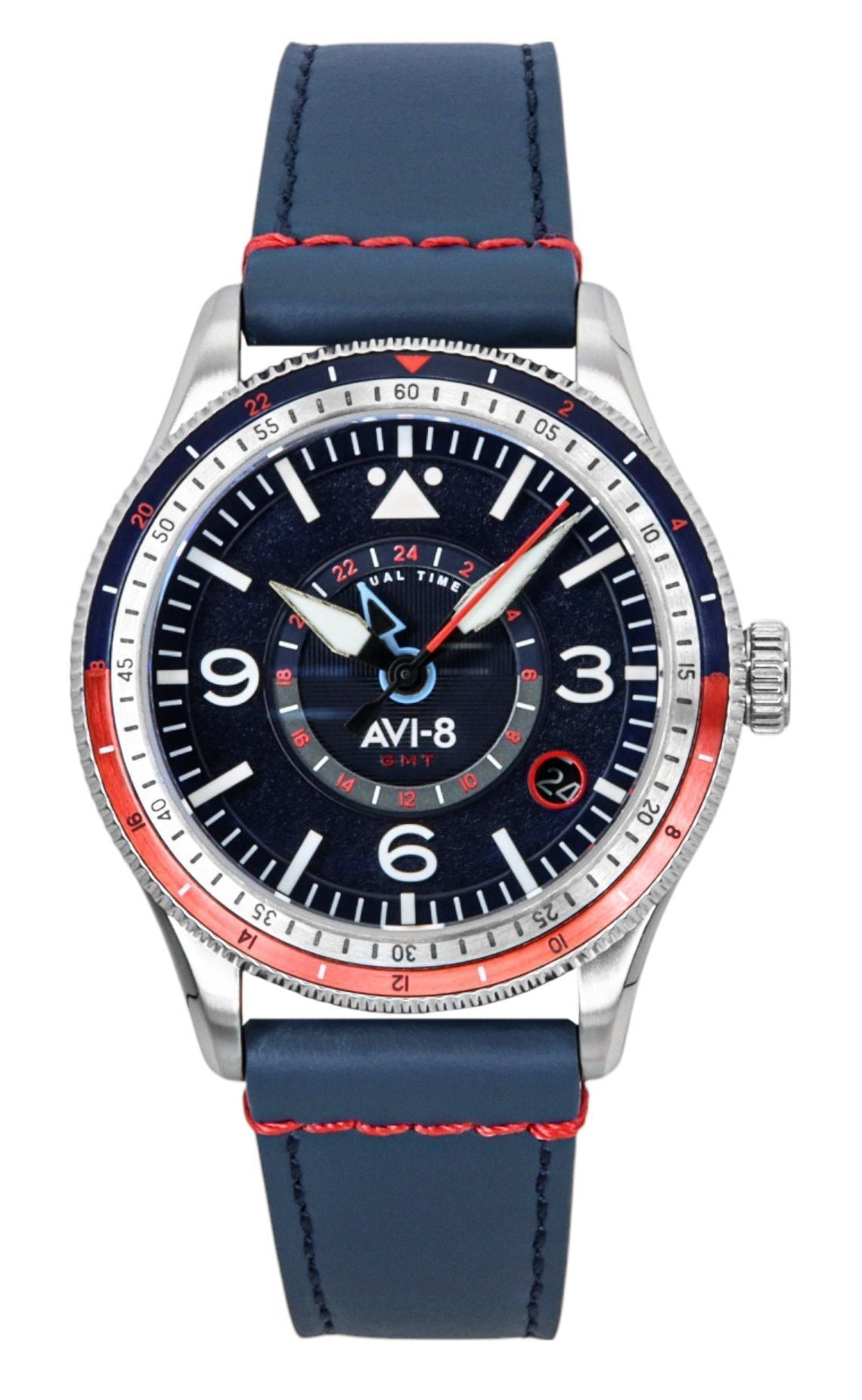 AVI-8 Flyboy Airmaster Automatic movement Blue Leather Male AV-4128-04. A brand-new AVI-8 Flyboy watch featuring a Blue dial and a Leather strap. Angled view.
