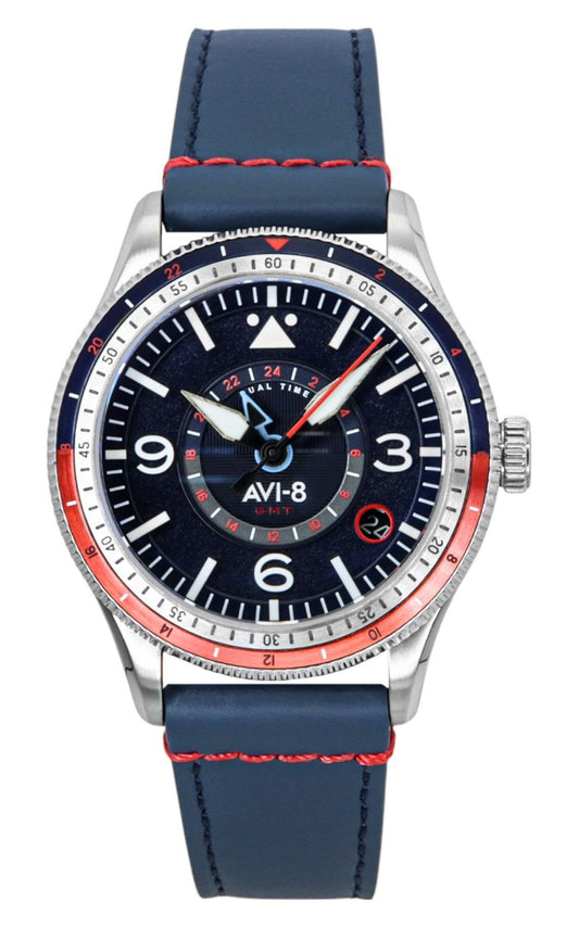 AVI-8 Flyboy Airmaster Automatic movement Blue Leather Male AV-4128-04. A brand-new AVI-8 Flyboy watch featuring a Blue dial and a Leather strap. Angled view.