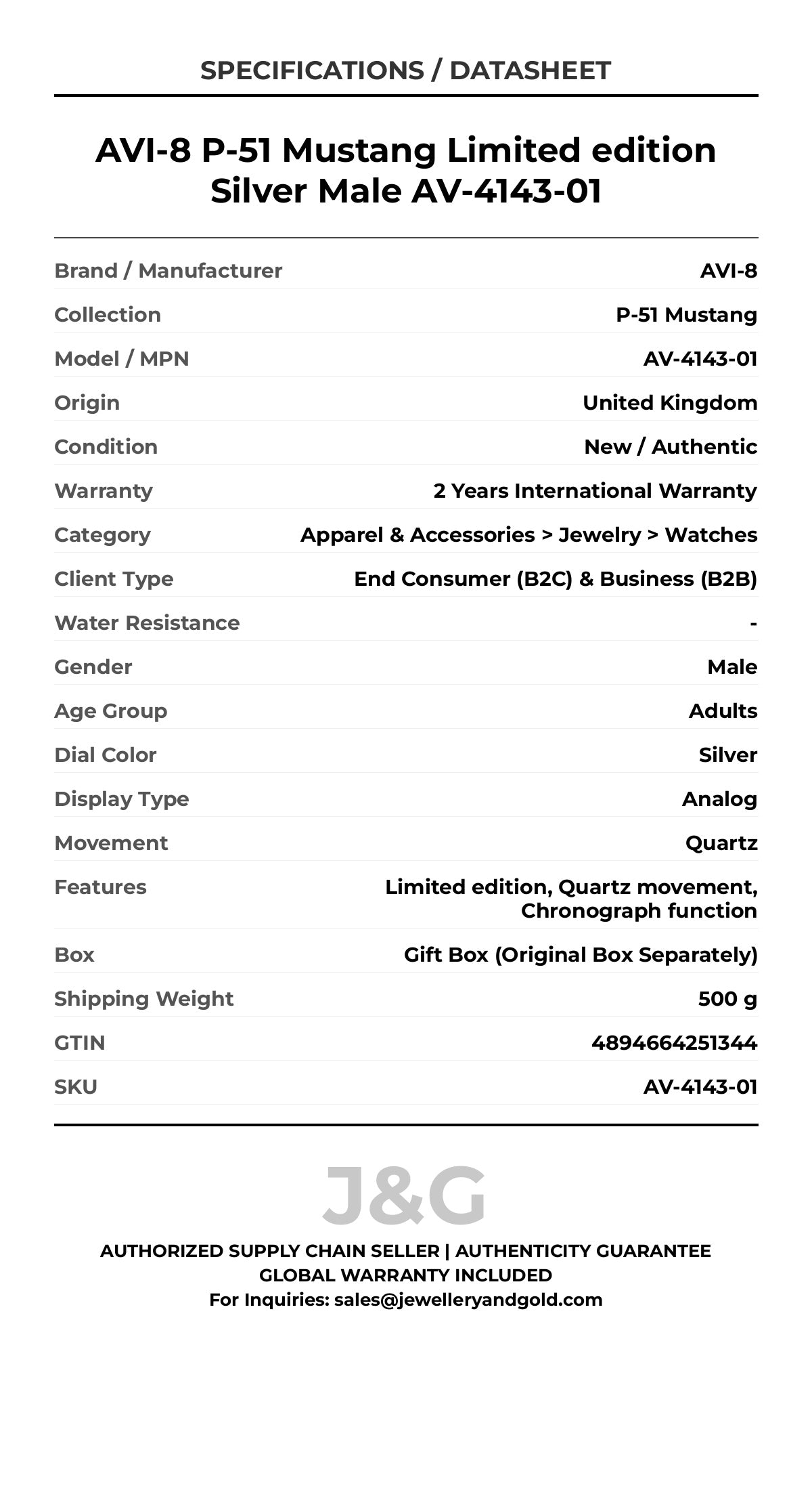 AVI-8 P-51 Mustang Limited edition Silver Male AV-4143-01 - Specifications