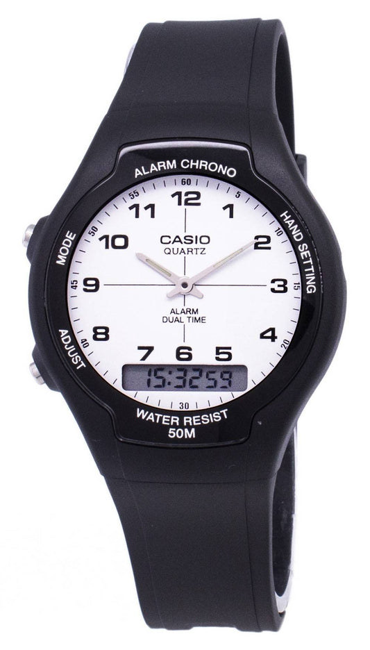 Casio Alarm White Male AW-90H-7BVDF. A brand-new Casio watch featuring a White dial. Angled view.