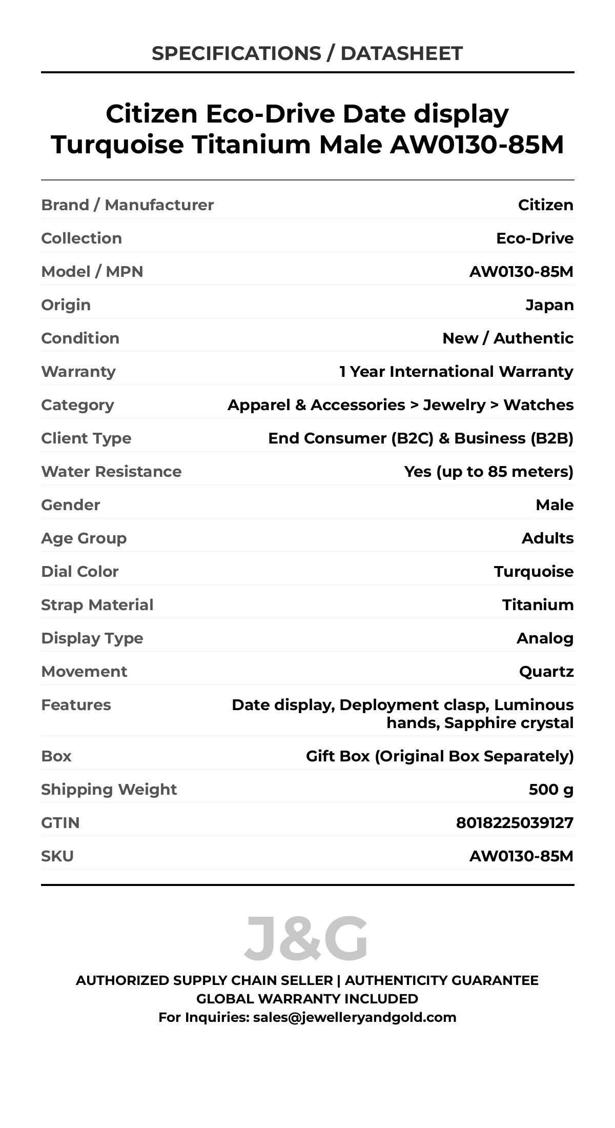Citizen Eco-Drive Date display Turquoise Titanium Male AW0130-85M - Specifications