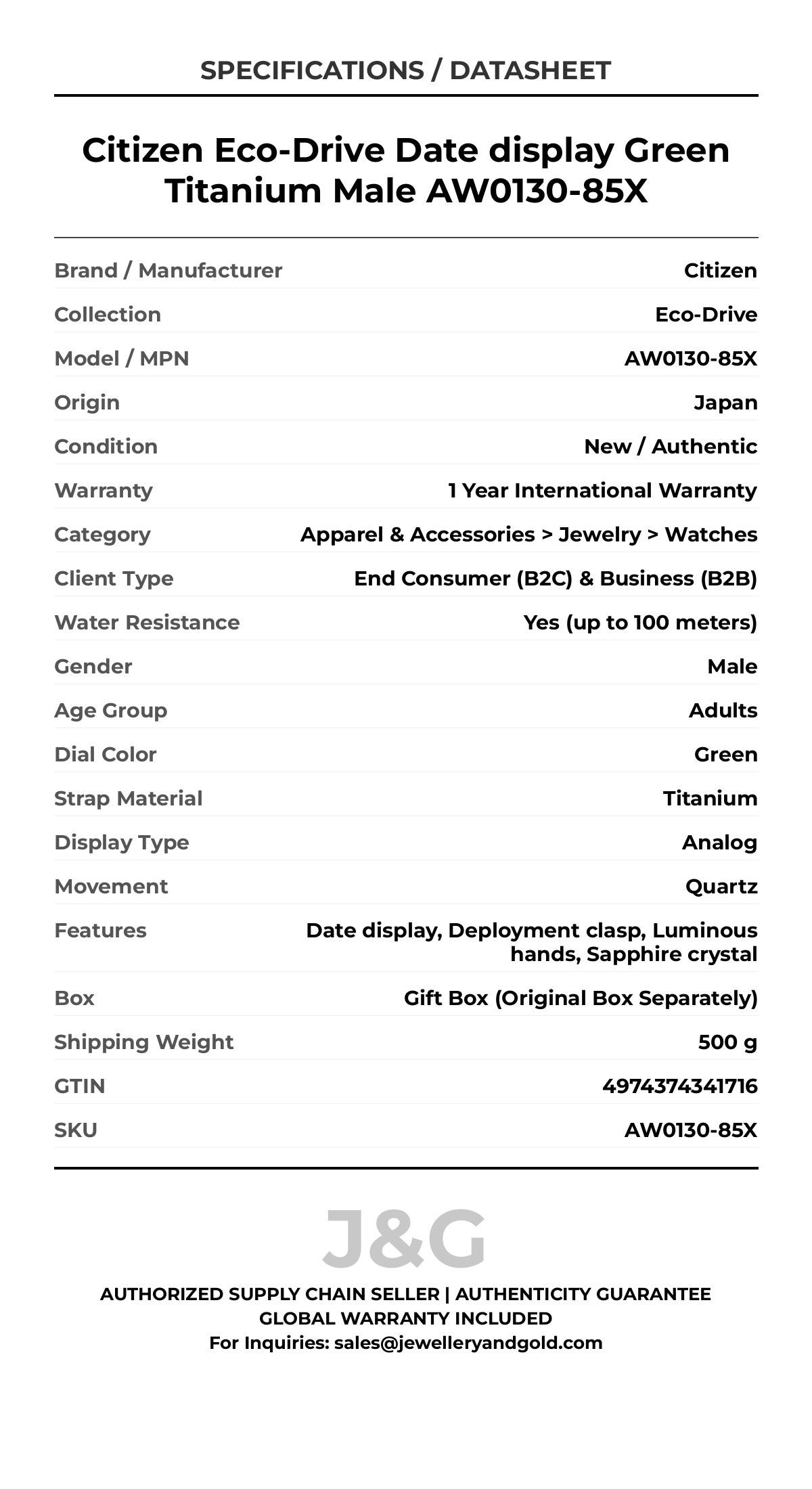 Citizen Eco-Drive Date display Green Titanium Male AW0130-85X - Specifications