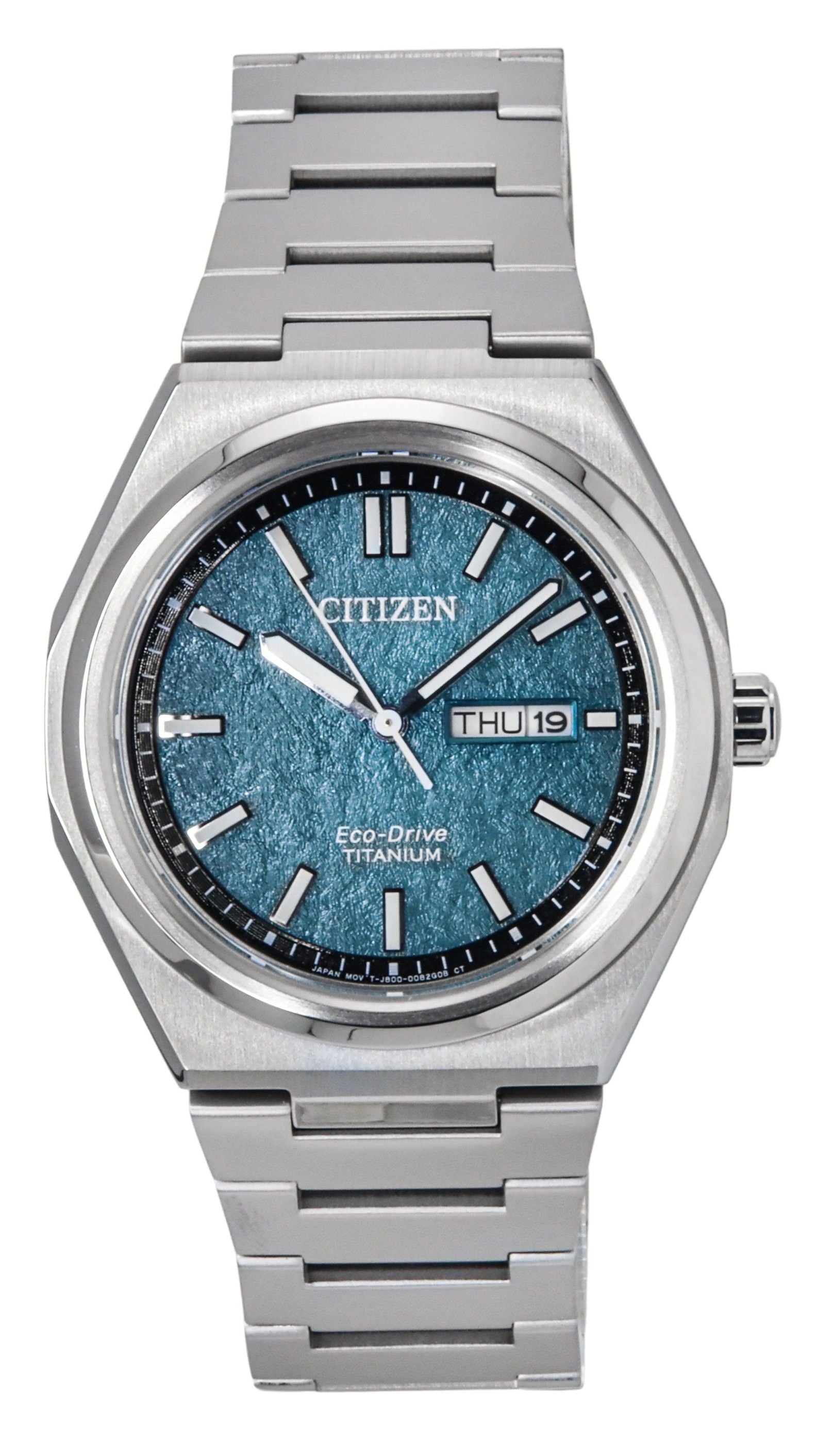 Citizen Eco-Drive Date display Green Titanium Male AW0130-85X. A brand-new Citizen Eco-Drive watch featuring a Green dial and a Titanium strap. Angled view.