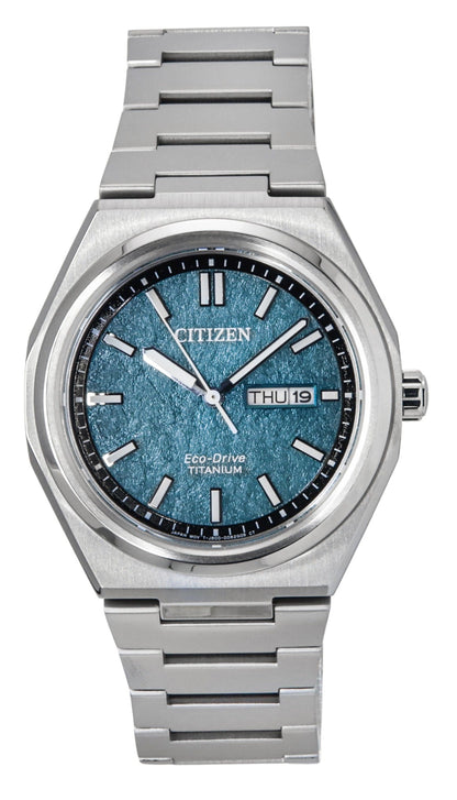 Citizen Eco-Drive Date display Green Titanium Male AW0130-85X. A brand-new Citizen Eco-Drive watch featuring a Green dial and a Titanium strap. Angled view.