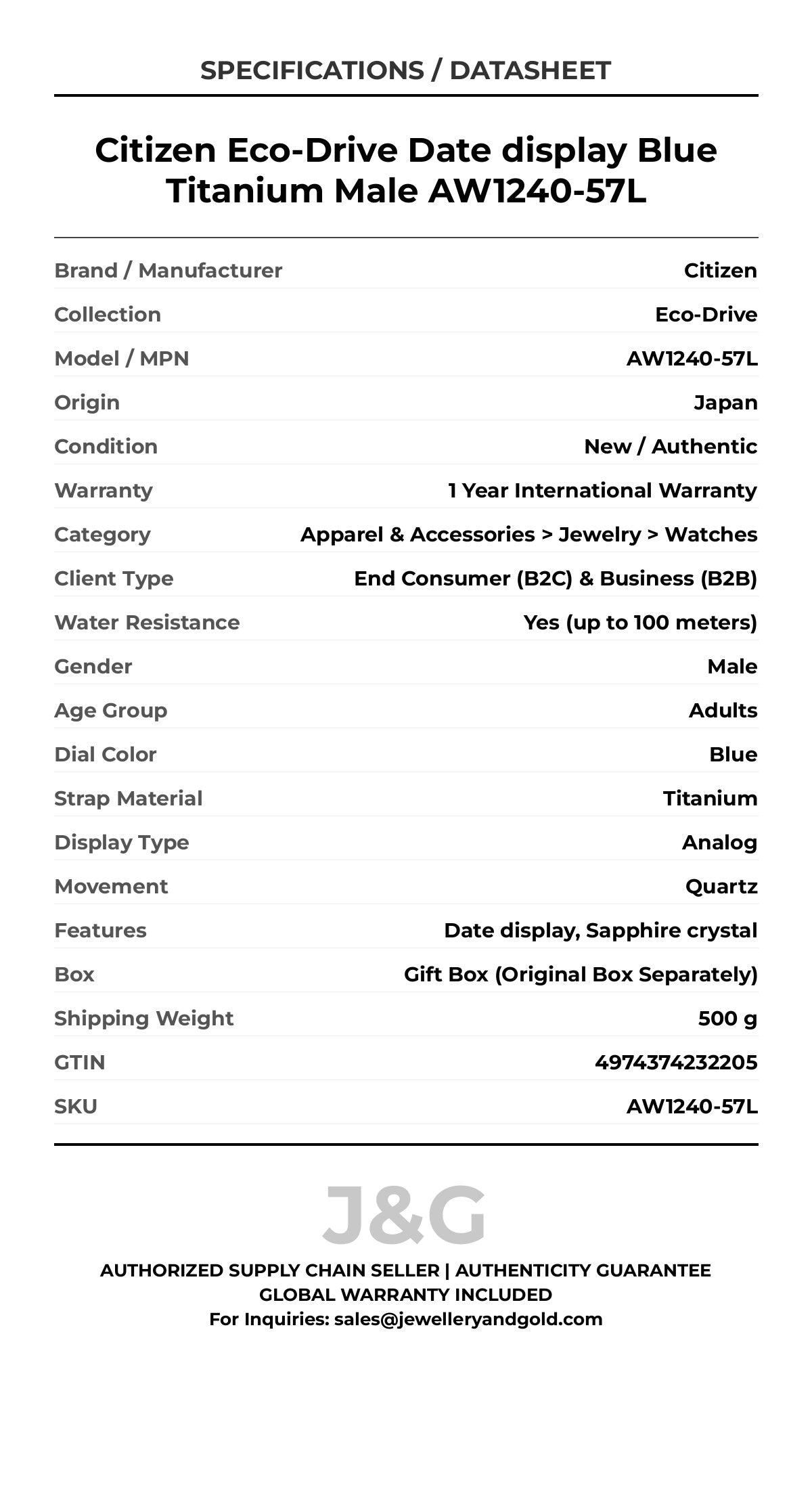 Citizen Eco-Drive Date display Blue Titanium Male AW1240-57L - Specifications