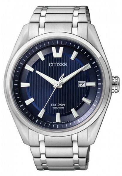 Citizen Eco-Drive Date display Blue Titanium Male AW1240-57L. A brand-new Citizen Eco-Drive watch featuring a Blue dial and a Titanium strap. Front view.