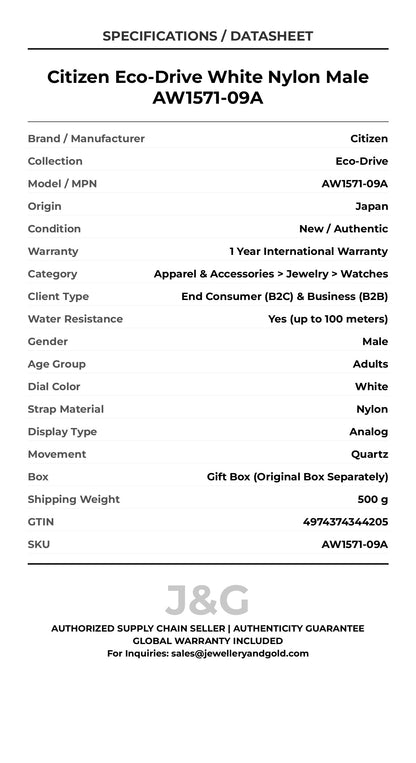 Citizen Eco-Drive White Nylon Male AW1571-09A - Specifications