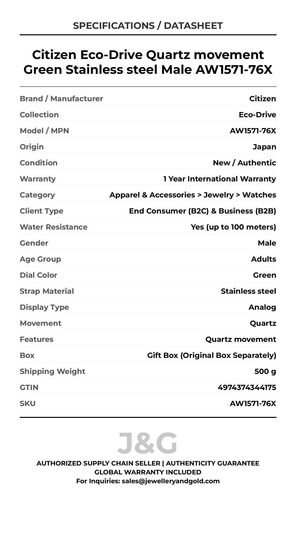 Citizen Eco-Drive Quartz movement Green Stainless steel Male AW1571-76X - Specifications