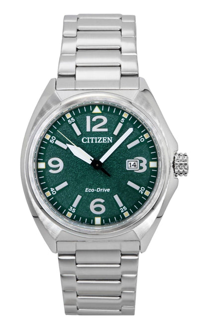 Citizen Eco-Drive Quartz movement Green Stainless steel Male AW1571-76X. A brand-new Citizen Eco-Drive watch featuring a Green dial and a Stainless steel strap. Front view.