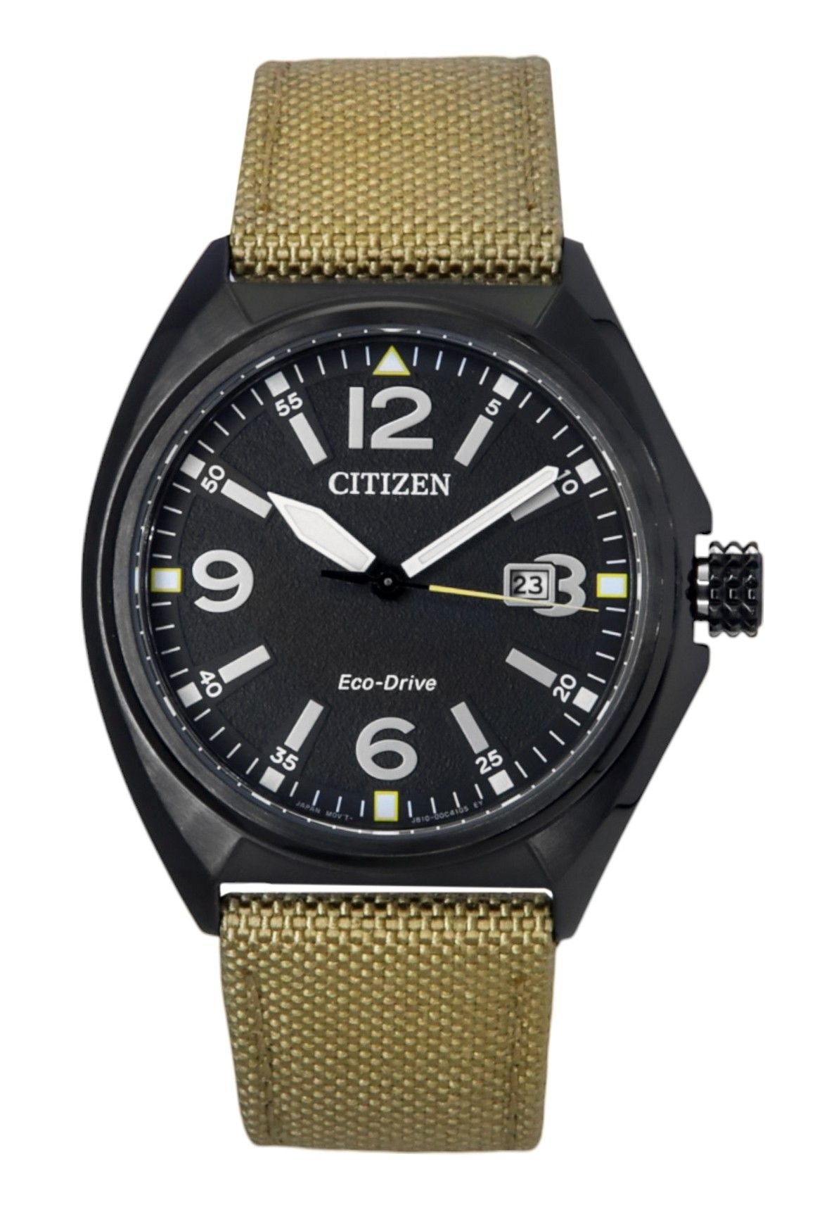 Citizen Eco-Drive Quartz movement Black Nylon Male AW1575-08E. A brand-new Citizen Eco-Drive watch featuring a Black dial and a Nylon strap. Front view.