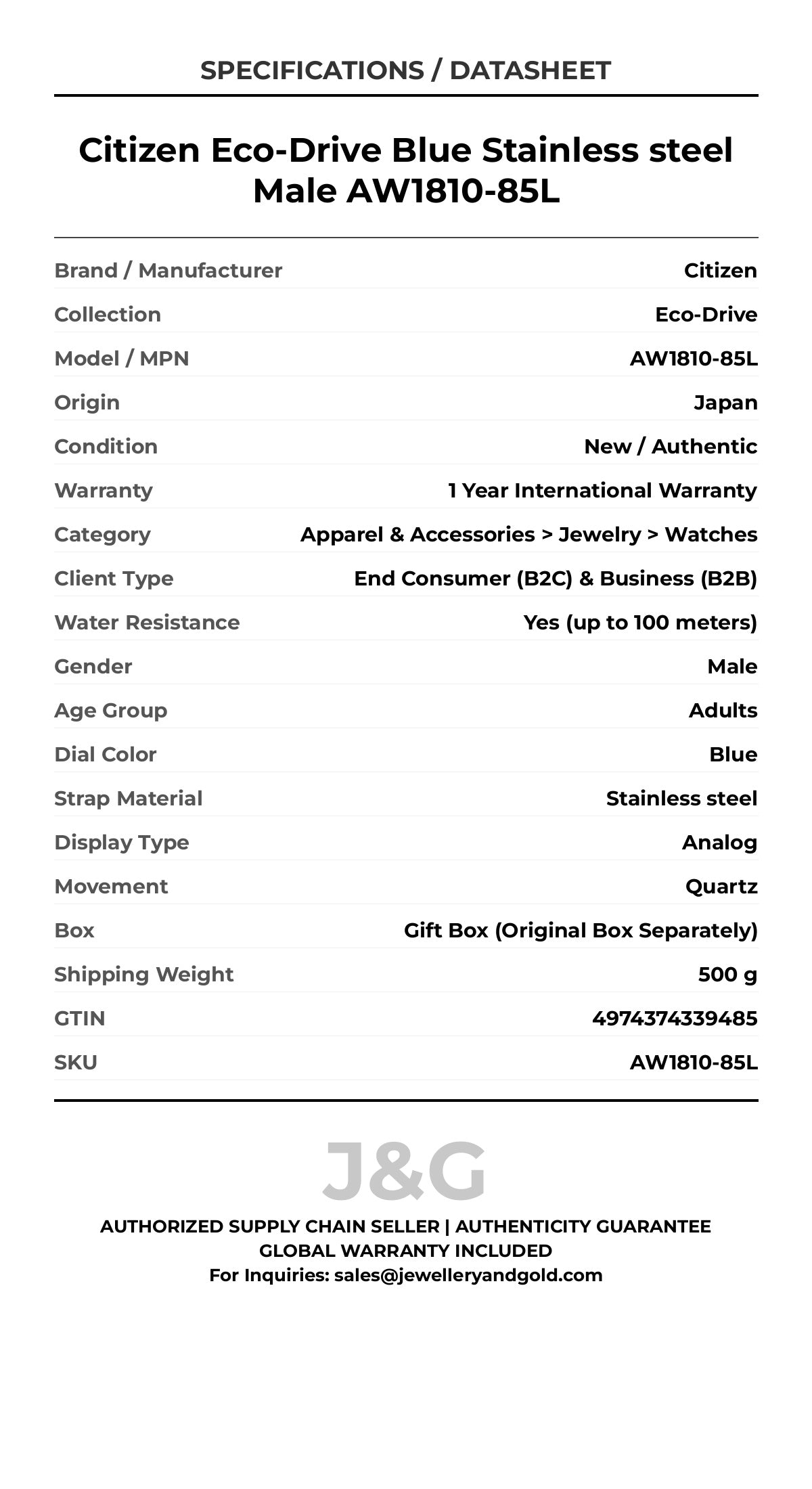 Citizen Eco-Drive Blue Stainless steel Male AW1810-85L - Specifications