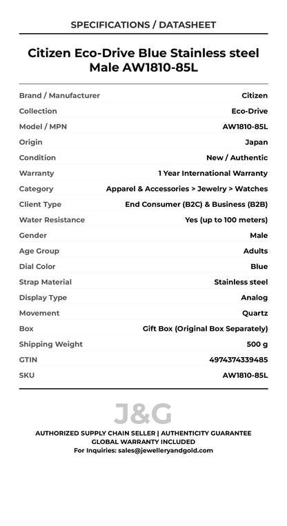 Citizen Eco-Drive Blue Stainless steel Male AW1810-85L - Specifications