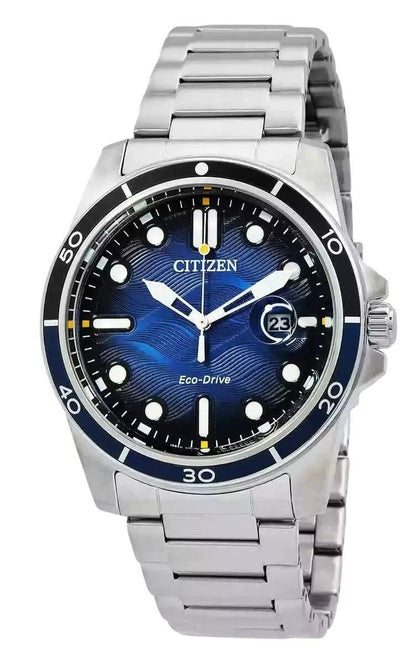 Citizen Eco-Drive Blue Stainless steel Male AW1810-85L. A brand-new Citizen Eco-Drive watch featuring a Blue dial and a Stainless steel strap. Front view.