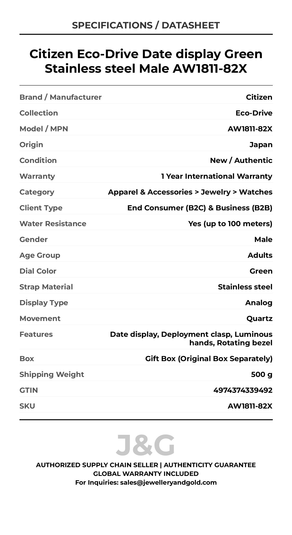 Citizen Eco-Drive Date display Green Stainless steel Male AW1811-82X - Specifications