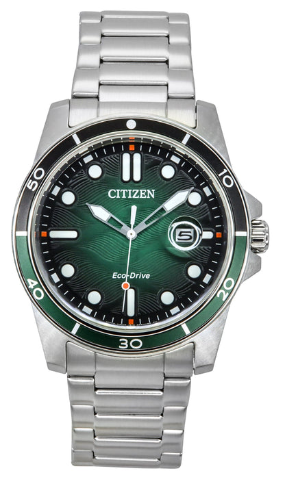 Citizen Eco-Drive Date display Green Stainless steel Male AW1811-82X. A brand-new Citizen Eco-Drive watch featuring a Green dial and a Stainless steel strap. Angled view.