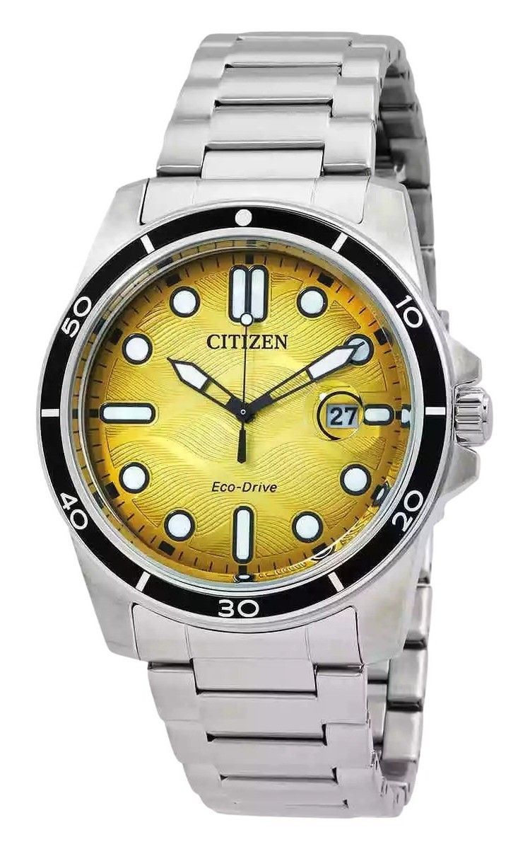 Citizen Eco-Drive Yellow Stainless steel Male AW1816-89X. A brand-new Citizen Eco-Drive watch featuring a Yellow dial and a Stainless steel strap. Side view.