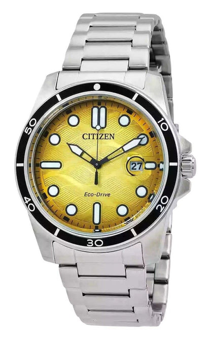 Citizen Eco-Drive Yellow Stainless steel Male AW1816-89X. A brand-new Citizen Eco-Drive watch featuring a Yellow dial and a Stainless steel strap. Side view.