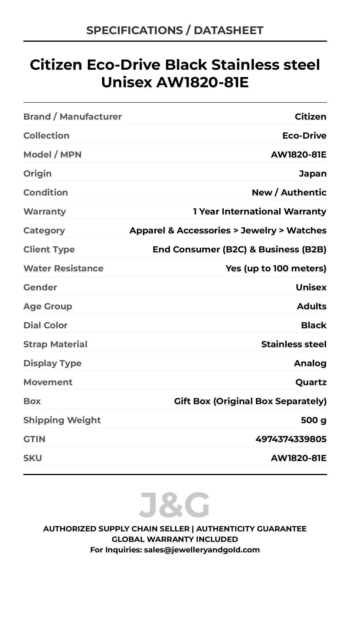 Citizen Eco-Drive Black Stainless steel Unisex AW1820-81E - Specifications