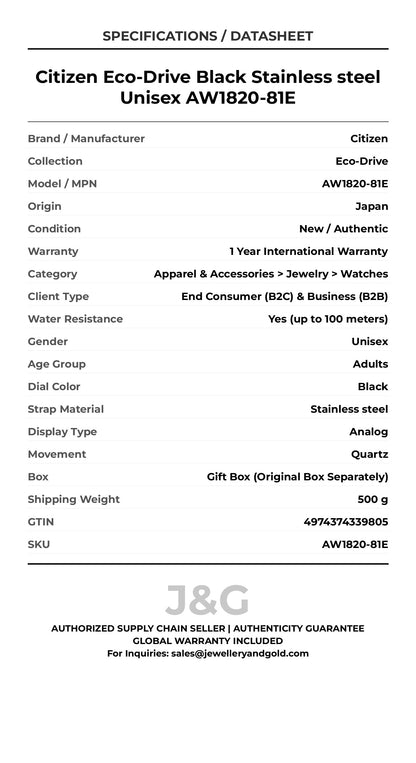 Citizen Eco-Drive Black Stainless steel Unisex AW1820-81E - Specifications