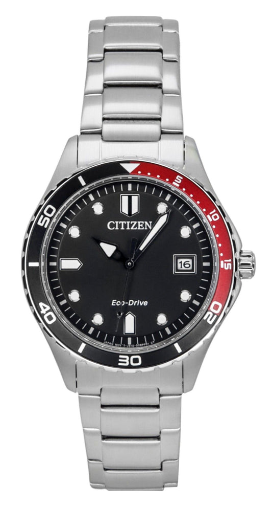 Citizen Eco-Drive Black Stainless steel Unisex AW1820-81E. A brand-new Citizen Eco-Drive watch featuring a Black dial and a Stainless steel strap. Front view.