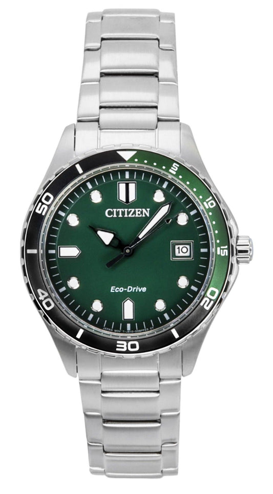 Citizen Eco-Drive Automatic movement Green Stainless steel Unisex AW1828-80X. A brand-new Citizen Eco-Drive watch featuring a Green dial and a Stainless steel strap. Angled view.