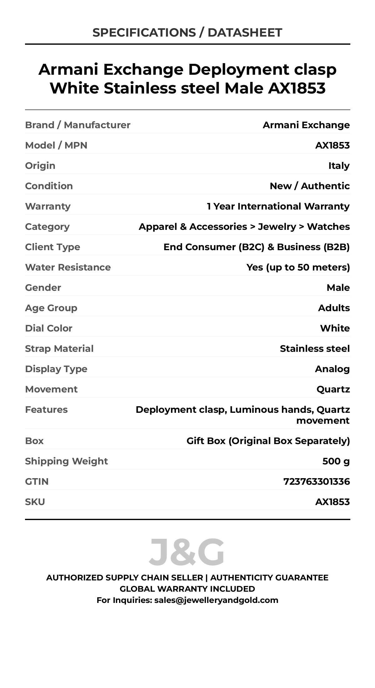 Armani Exchange Deployment clasp White Stainless steel Male AX1853 - Specifications