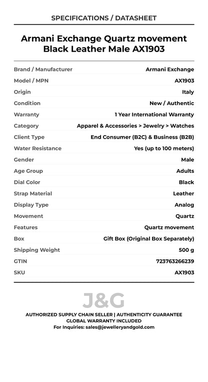 Armani Exchange Quartz movement Black Leather Male AX1903 - Specifications