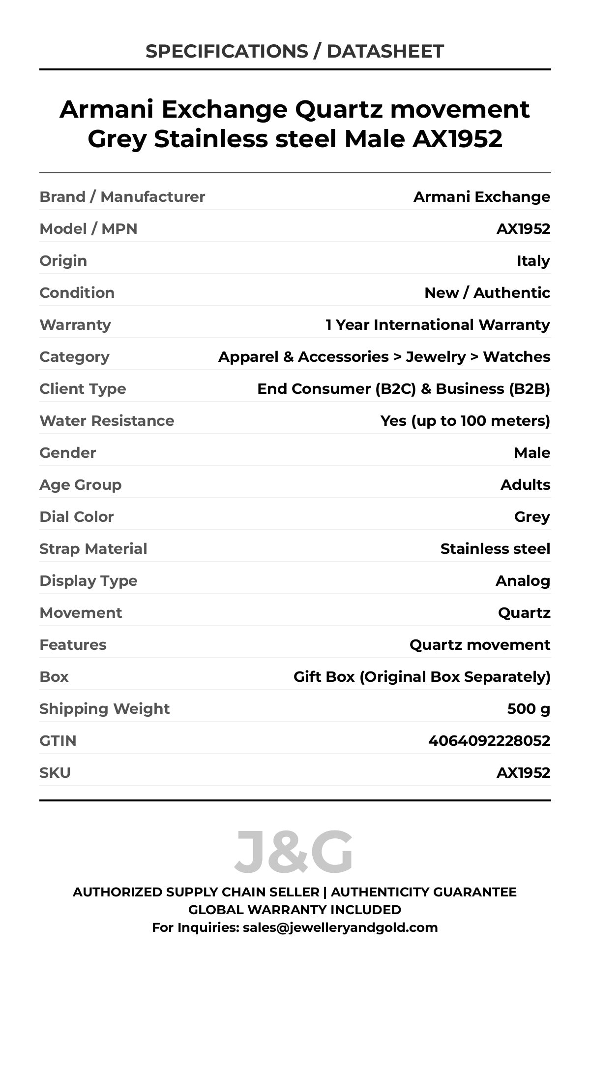 Armani Exchange Quartz movement Grey Stainless steel Male AX1952 - Specifications