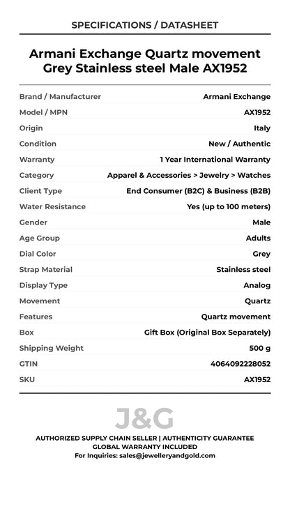 Armani Exchange Quartz movement Grey Stainless steel Male AX1952 - Specifications